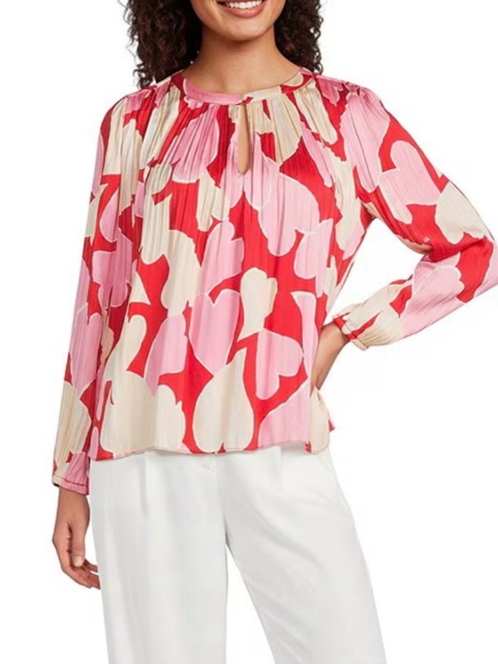 Current Air Pleated Satin Heart Print Blouse Red Pink Size XS Valentine’s Day